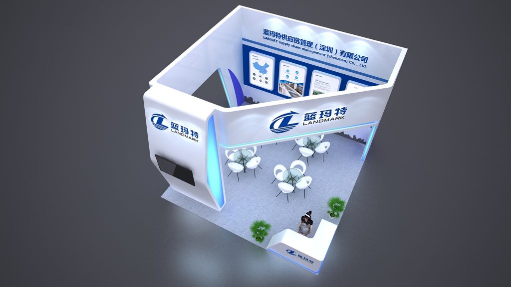 An aerial rendering of a white and blue exhibition booth with tables, chairs, and a reception desk.