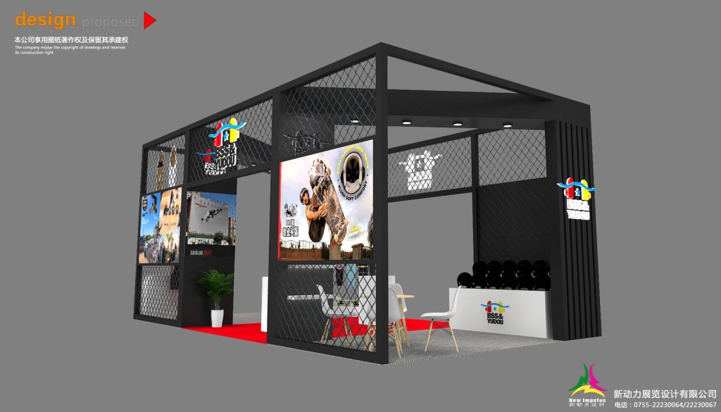 Black trade show booth render from an angle, showing large graphic displays, mesh walls, a seating area with white table and chairs.