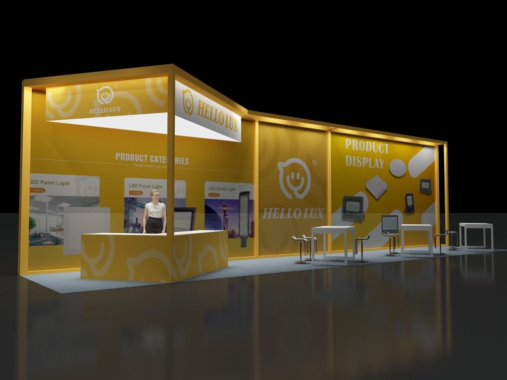 A 3D render of a yellow and white exhibition booth with a counter, a woman, and tables with chairs displaying lighting products.
