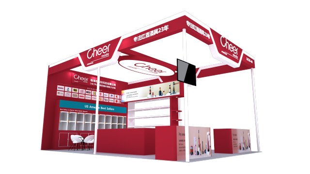 A 3D architectural rendering of a modern red and white exhibition booth design with empty display shelves and a small screen.