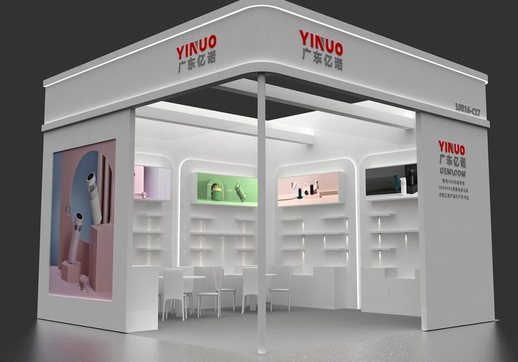 Rendered trade show booth interior with white illuminated shelves, display screens, and white tables with chairs.