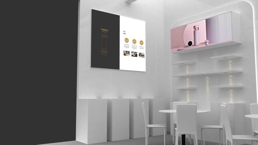 Rendered interior scene with white tables and chairs, illuminated shelves, and a large display showing product information.