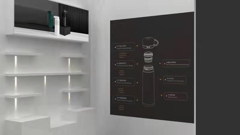 Rendered interior wall with illuminated shelves and a dark display panel showing a product diagram with text.