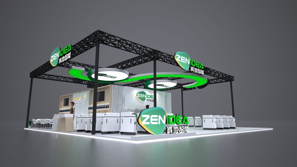 3D rendering of a modern trade show booth with a black truss, green curved lighting, and white modular machines for access control or payment.