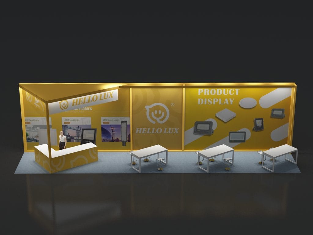 A 3D render of an empty yellow and white exhibition booth featuring a counter and multiple white tables with chairs displaying lighting products.