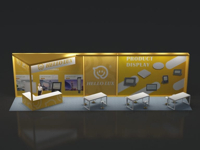 A 3D render of an empty yellow and white exhibition booth featuring a counter and multiple white tables with chairs displaying lighting products.