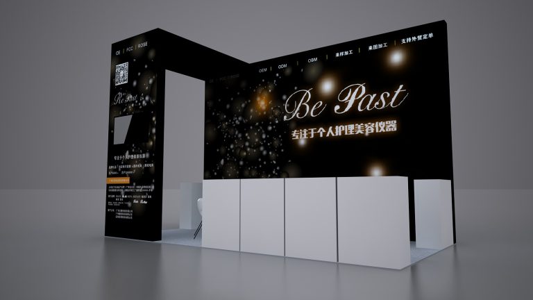A 3D render of a black and white exhibition booth with glowing particle effects, a QR code, and white display counters.