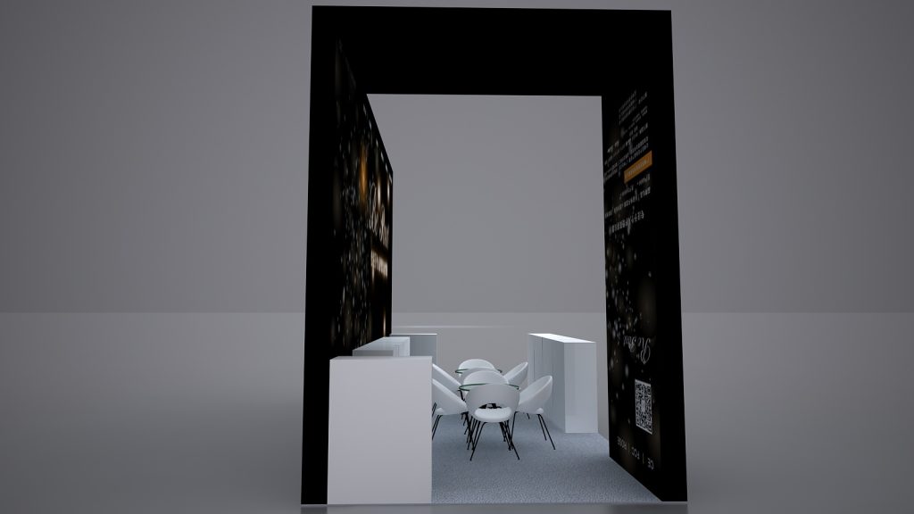 A 3D render showing the interior of a black exhibition booth with white chairs around a table.