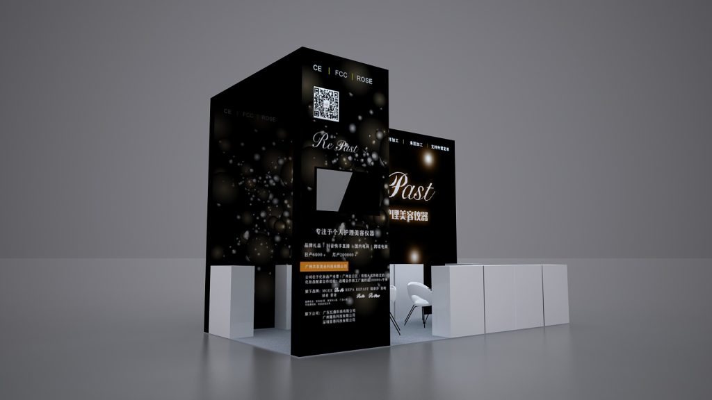A 3D render of a black exhibition booth with white display counters and a white chair, featuring glowing particles.
