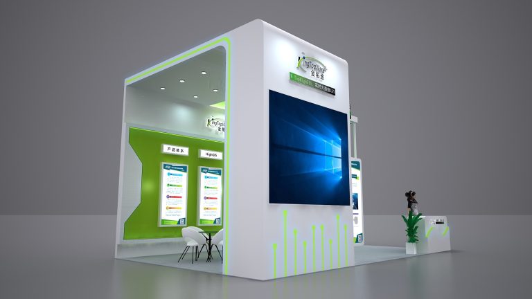 A digital rendering of the exhibition booth's exterior side. A large screen displays software, with green accent lighting on the white walls. A lone figure stands near the reception desk.