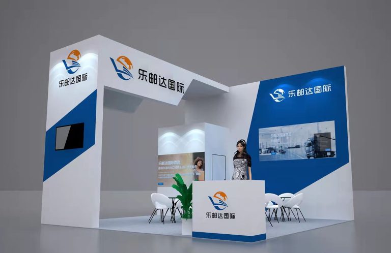 3D render of a white and blue trade show booth with multiple screens, a counter, and a woman standing behind it.
