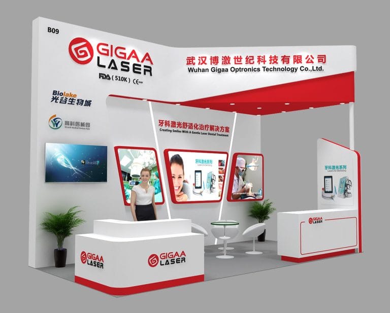 Two renderings of the red and white exhibition booth design, showing displays, a reception desk, and seating.
