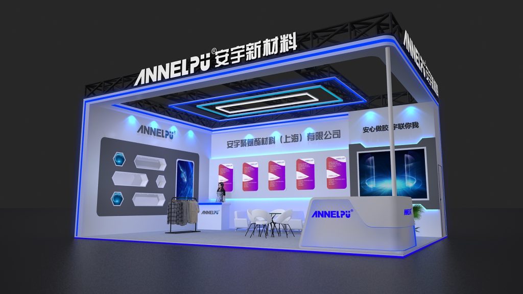 A 3D render of a modern exhibition booth with blue accent lighting, featuring a reception desk, product displays, and a small seating area.