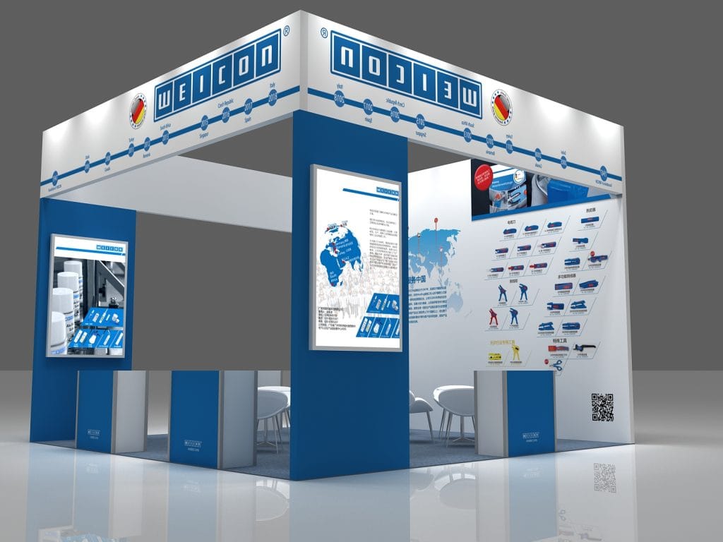 Render of a white and blue exhibition booth featuring global distribution and product visuals.