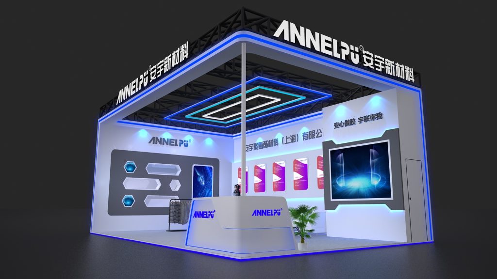 Angled 3D render of a sleek white exhibition booth with blue lighting, a reception desk, product displays, and a small green plant.