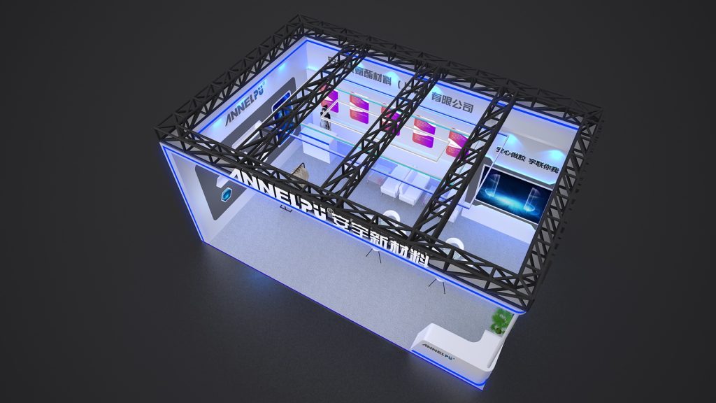 Overhead 3D render of an exhibition booth, revealing its structure, black truss ceiling, blue lighting, and internal display layout.