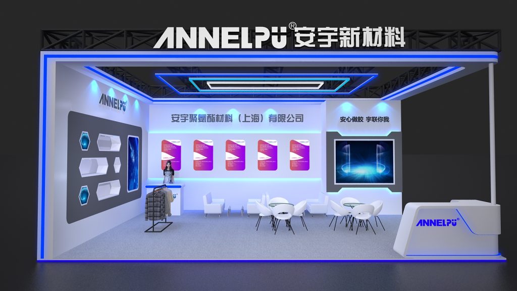 A 3D render of a modern exhibition booth with white and blue lighting, showing product displays, a large screen, and a visitor seating area.