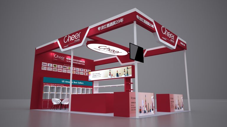 Modern red and white trade show booth render, featuring product showcases, prominent overhead signage, and a black screen display.