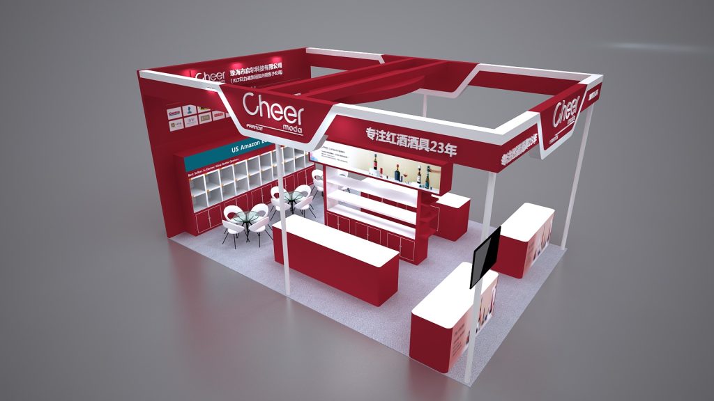 Overhead 3D render of a red and white trade show booth layout, showing multiple product display shelves, counters, and a small seating area.