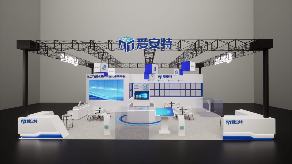 A 3D render of a modern white and blue exhibition booth with multiple screens, tables, and an overhead truss structure.