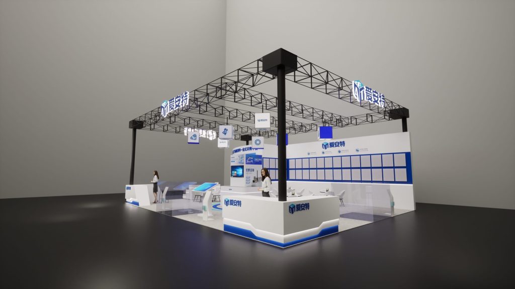 A 3D render of a large, angular white and blue exhibition stand with screens displaying blue graphics, counters, and small tables with chairs. Two women stand by the counters.