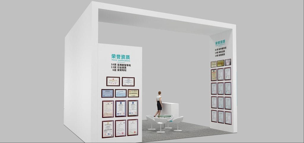 3D render of a white booth with "Honor qualifications" text and many framed certificates displayed.