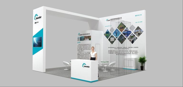 3D render of a modern white booth with a woman behind a counter, screens, and photo displays.