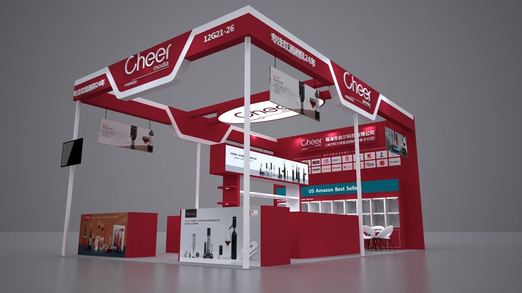 A 3D rendering of a modern red and white exhibition booth showcasing wine accessories and digital screens from a side view.