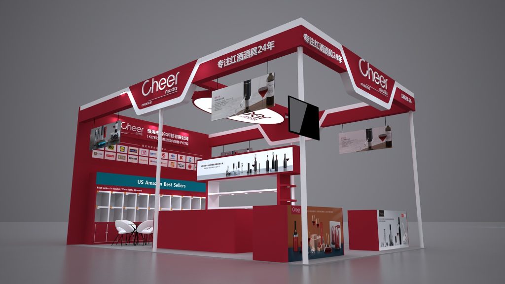 A 3D rendering of a red and white exhibition booth, showing various wine tools on display and large screens.