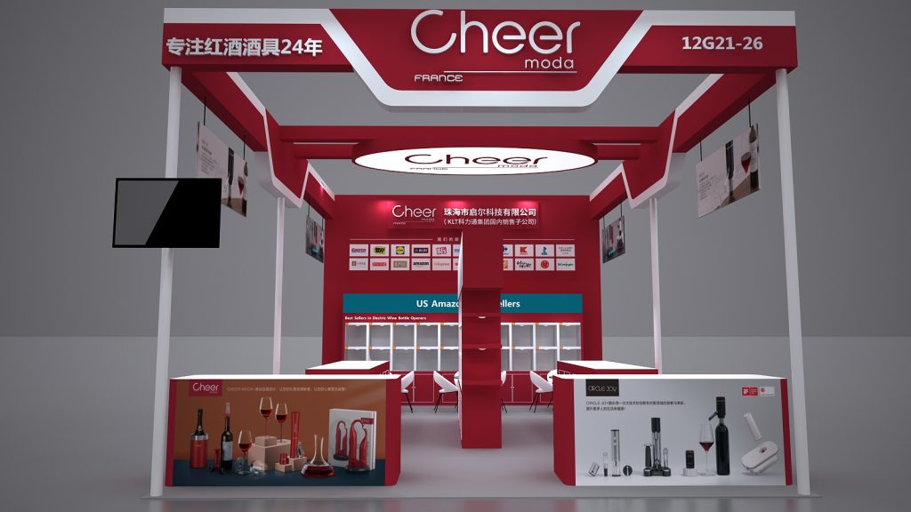 A frontal 3D rendering of a red and white exhibition booth, featuring counters with wine accessories and promotional graphics.