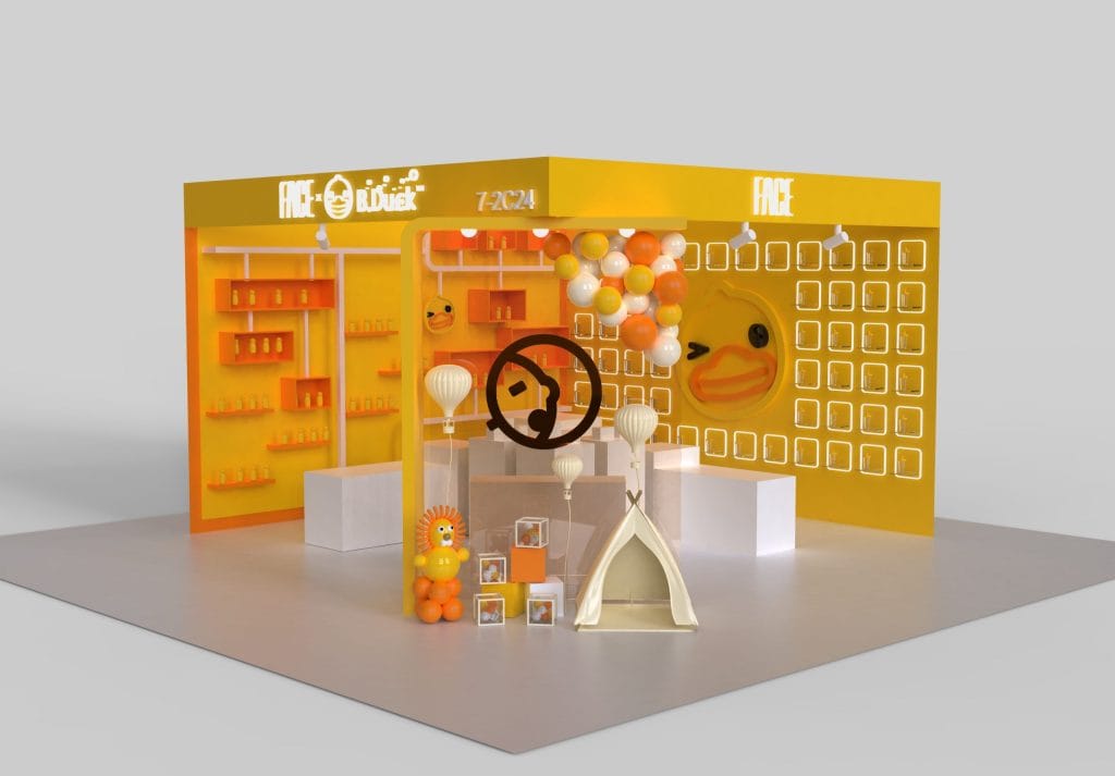 Yellow booth with a winking duck face, product shelves, dark circular emblem, balloons, and a small tent.