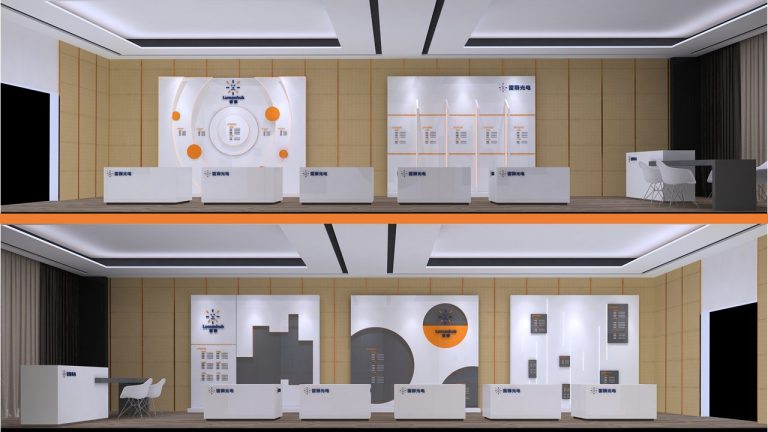Two digital renderings of an exhibit booth. The top is bright with white and orange displays, the bottom features darker grey and white elements.