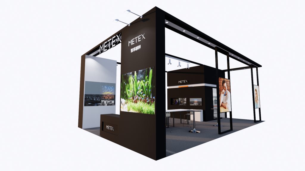 An angled 3D render of a black exhibition booth with various product displays, screens showing nature and people, and seating.