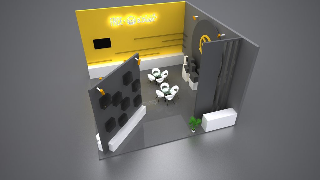 A 3D rendering of a modern trade show booth with yellow and gray walls, featuring a screen, display shelves, three flower-shaped tables, and a small plant.
