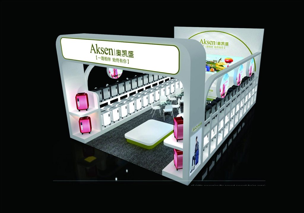 3D render of a white and grey exhibit booth. It features rows of luggage, a seating area, and round graphic display panels.