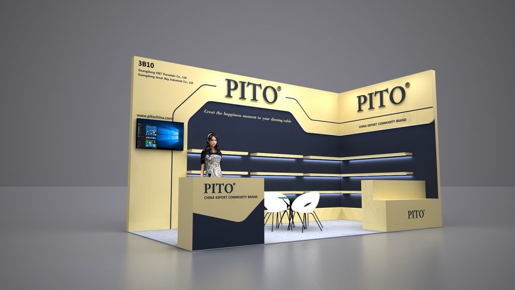 Render of a trade show booth with yellow and dark blue walls, a counter, empty shelves, a monitor, and a mannequin.