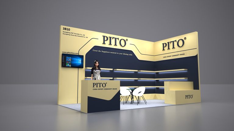 Render of a trade show booth with yellow and dark blue walls, a counter, empty shelves, a monitor, and a mannequin.