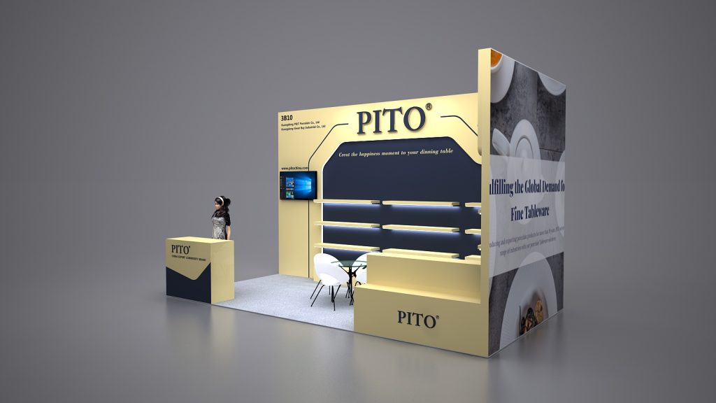 Render of a trade show booth with yellow and dark blue walls, a counter, empty shelves, a monitor, and a mannequin. One wall features crockery designs.