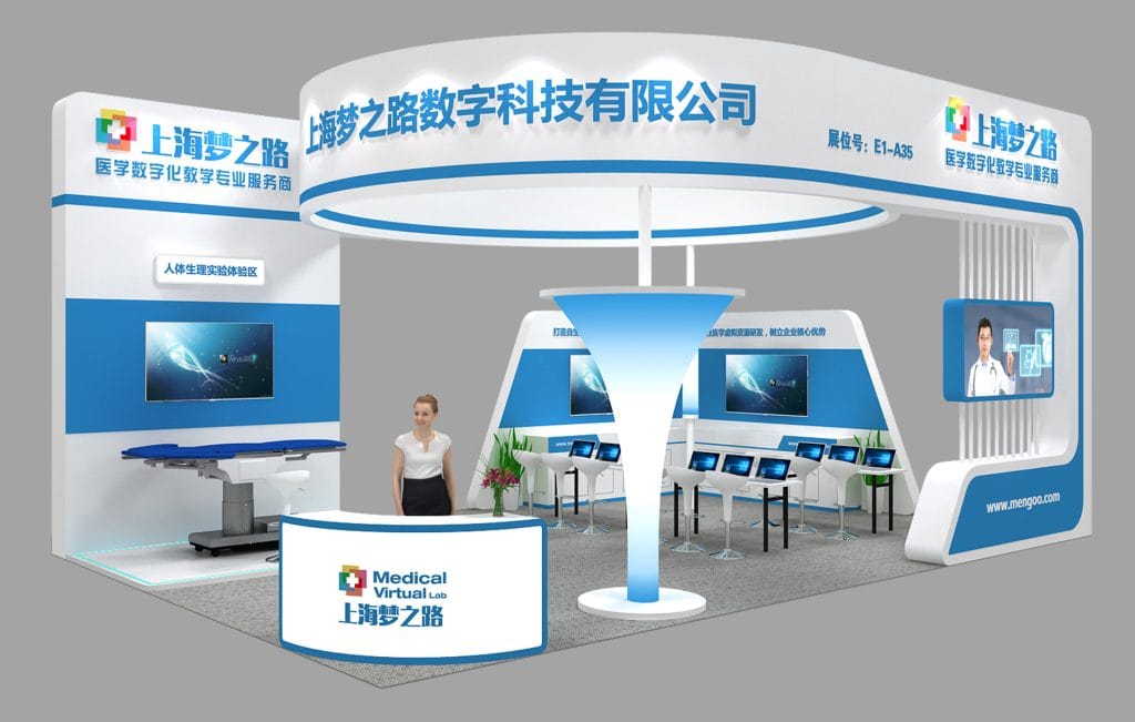 3D render of a white and blue exhibition booth featuring a reception desk, screens, chairs, and a medical examination table. A woman stands at the desk.