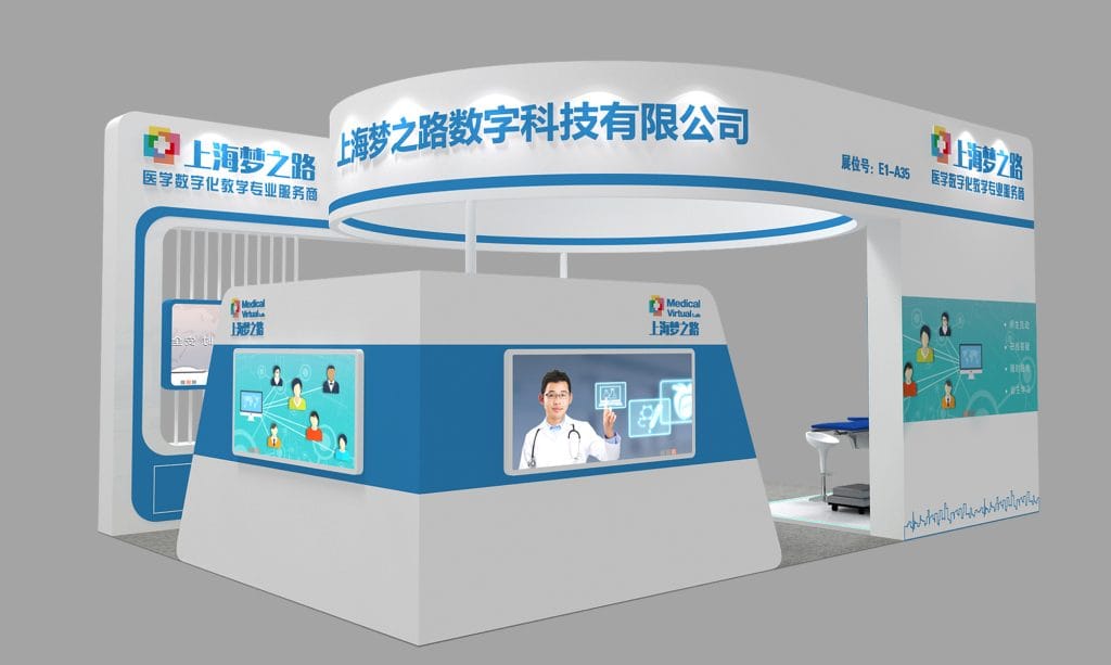3D render of a white and blue exhibition booth with large screens showing medical diagrams and a doctor.