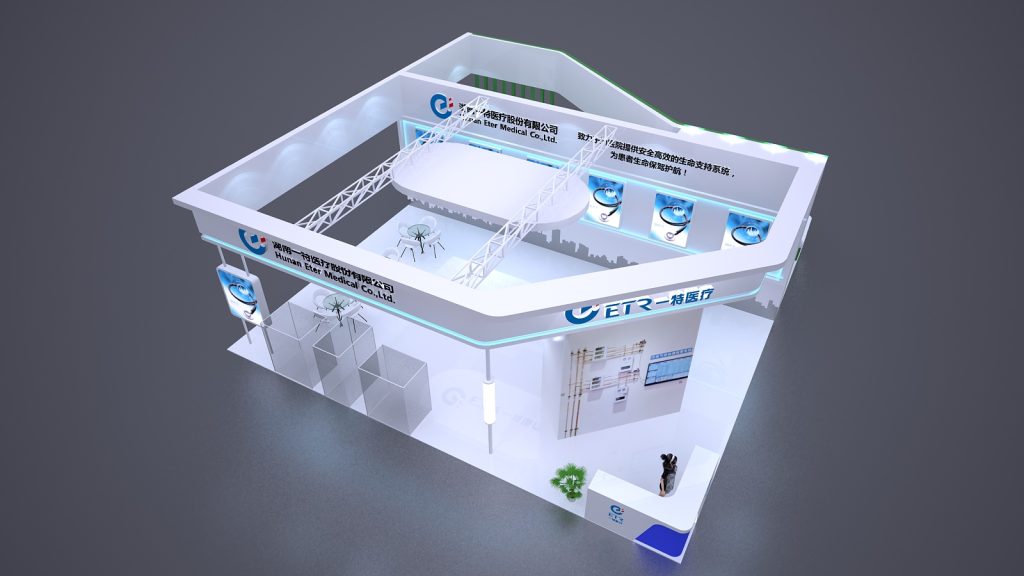 An overhead 3D render of a multi-level exhibition booth featuring seating areas, a reception desk, and various display panels.