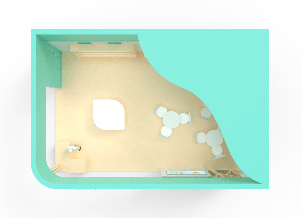 Overhead view of a teal and beige exhibit booth design with a curved counter, small round tables with chairs, and product display areas.