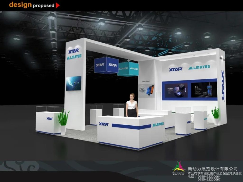 A 3D render of a clean, modern exhibition booth design with white structures, blue accents, display screens, and potted plants.
