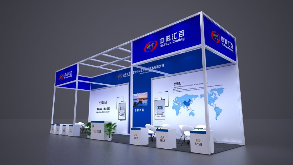 Modern blue and white trade show booth with multiple seating areas, product displays, and a world map.