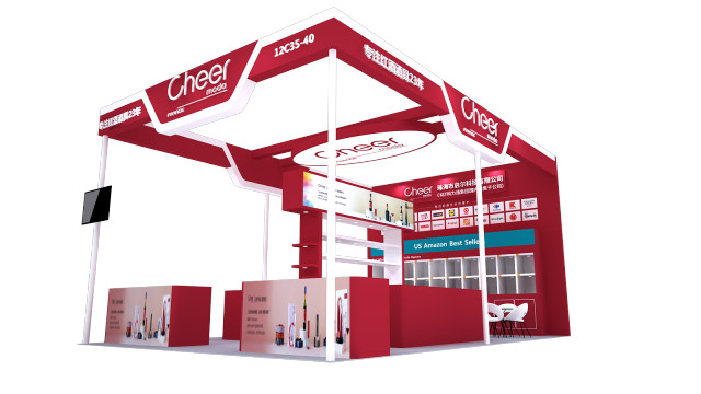 A 3D architectural rendering of a red and white exhibition booth featuring multiple display sections, counters, and shelving against a white background.