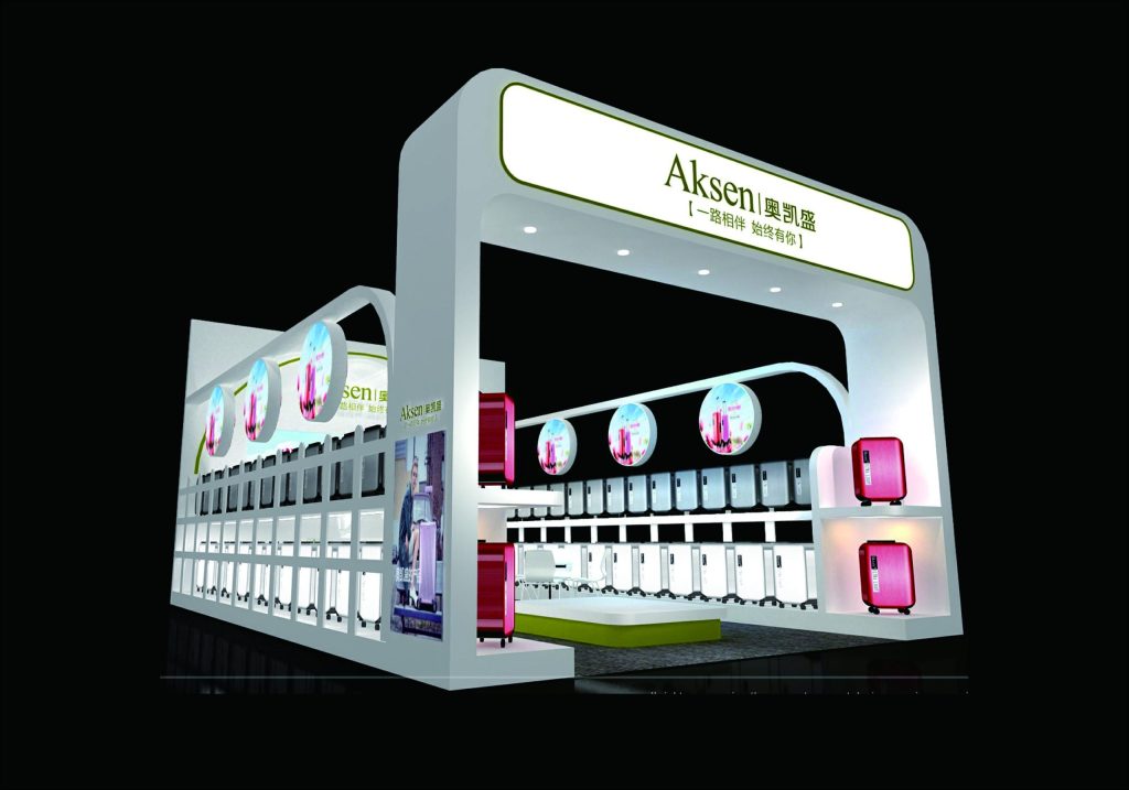 Modern exhibit booth 3D render. White and red luggage are displayed on shelves, with graphic panels and a large overhead sign.
