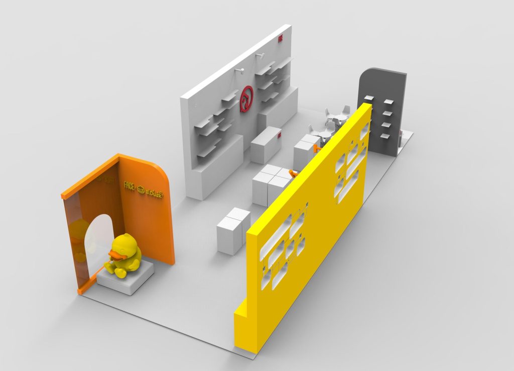 Overhead 3D render of a trade show booth with an orange arch, a yellow product display wall, white shelves, and small seating areas.