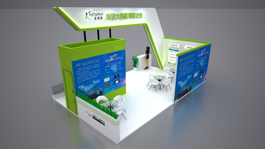 Rendered 3D trade show booth, white and lime green, with two seating areas. Walls show blue earth and tech graphics, a simulated woman, and green planters.
