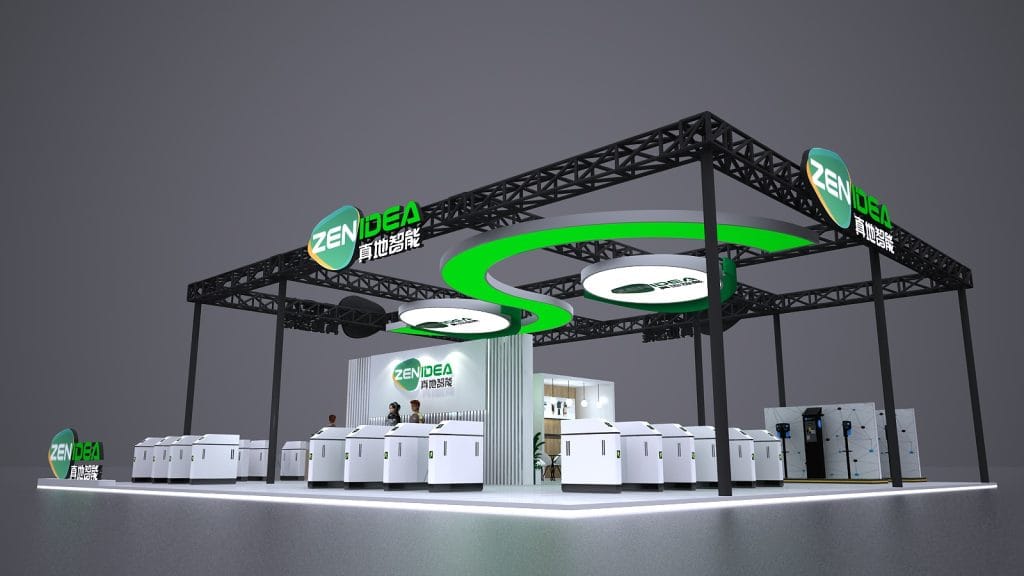 3D rendering of an exhibition booth with black metal trusses, green curved lighting, and rows of white, modular access control or payment machines.
