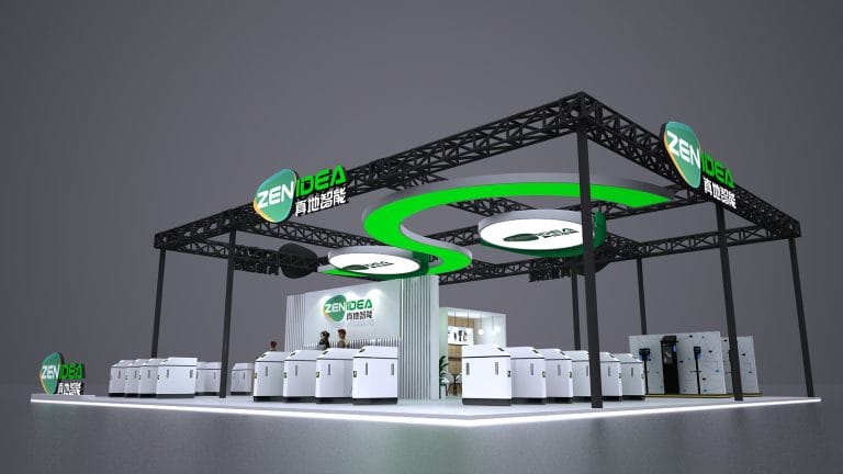 3D rendering of an exhibition booth with black metal trusses, green curved lighting, and rows of white, modular access control or payment machines.